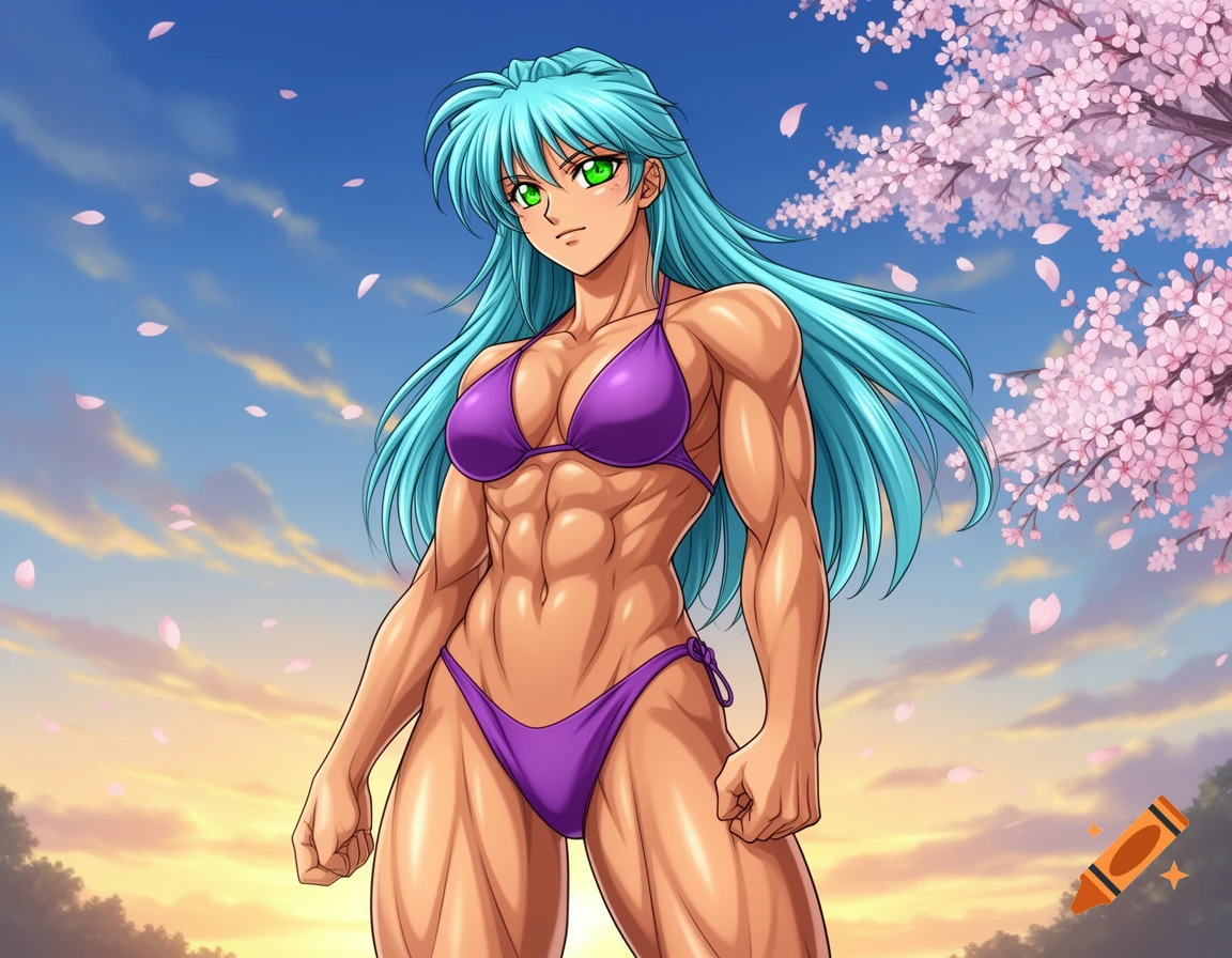 Anime style muscular woman with blue hair in a purple bikini stands under cherry blossoms at sunset.