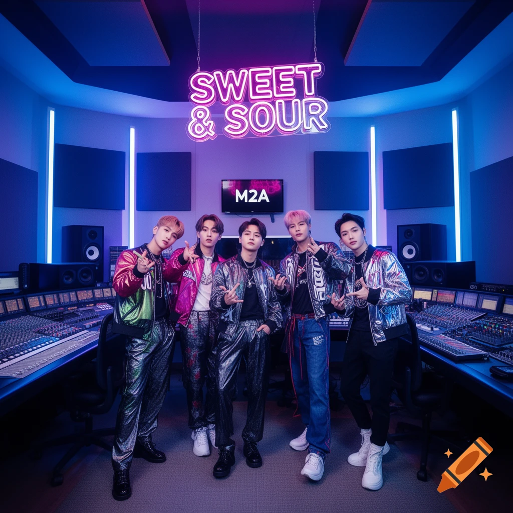 Five K-pop group members in vibrant outfits pose in a neon-lit music studio with a "SWEET & SOUR" sign.