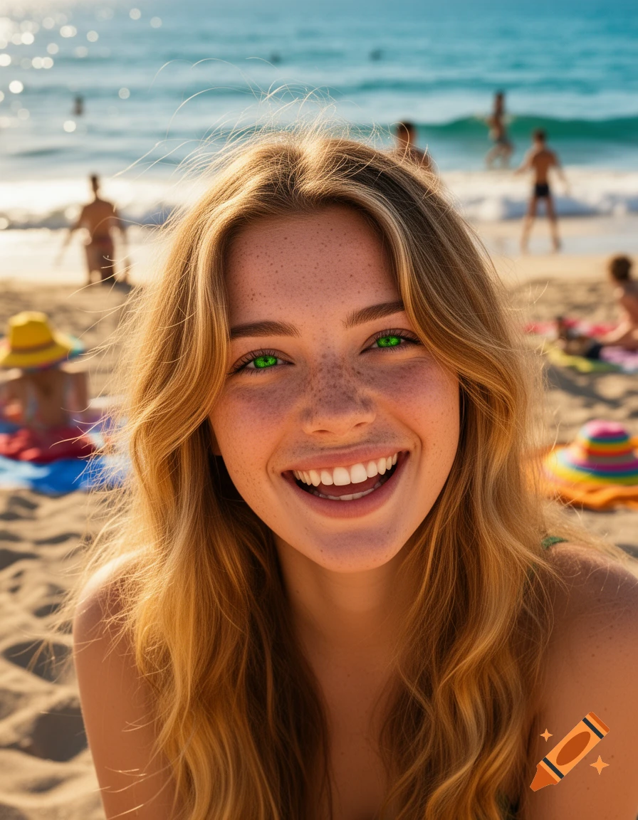 A smiling girl with freckles, golden hair, and striking green eyes on a sunny beach.