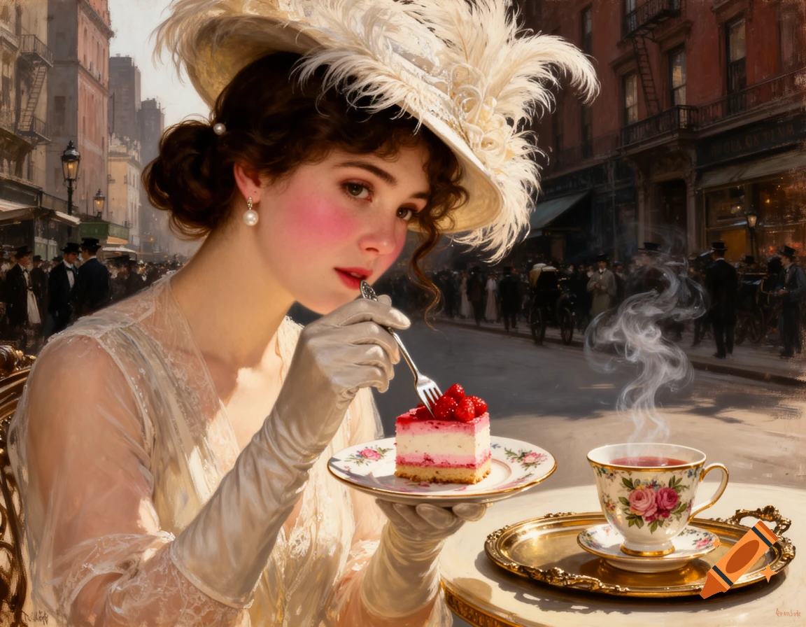 A woman in 1890s attire and feathered hat eats strawberry cake with tea on a bustling New York street in a painterly style.
