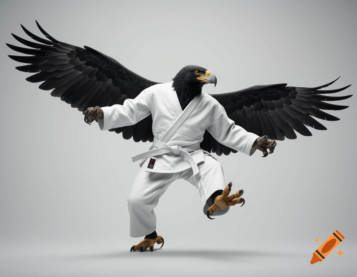A photorealistic eagle wearing a white karate uniform, with large dark wings spread, posed in a martial arts stance against a plain background.