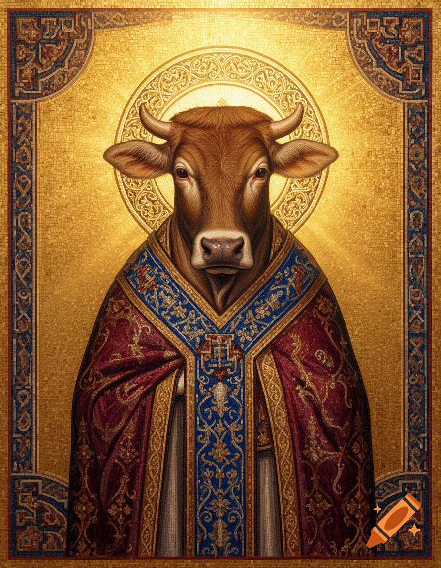 A cow depicted as a saint in a rich Byzantine mosaic icon, featuring a golden halo and ornate red and blue robes.