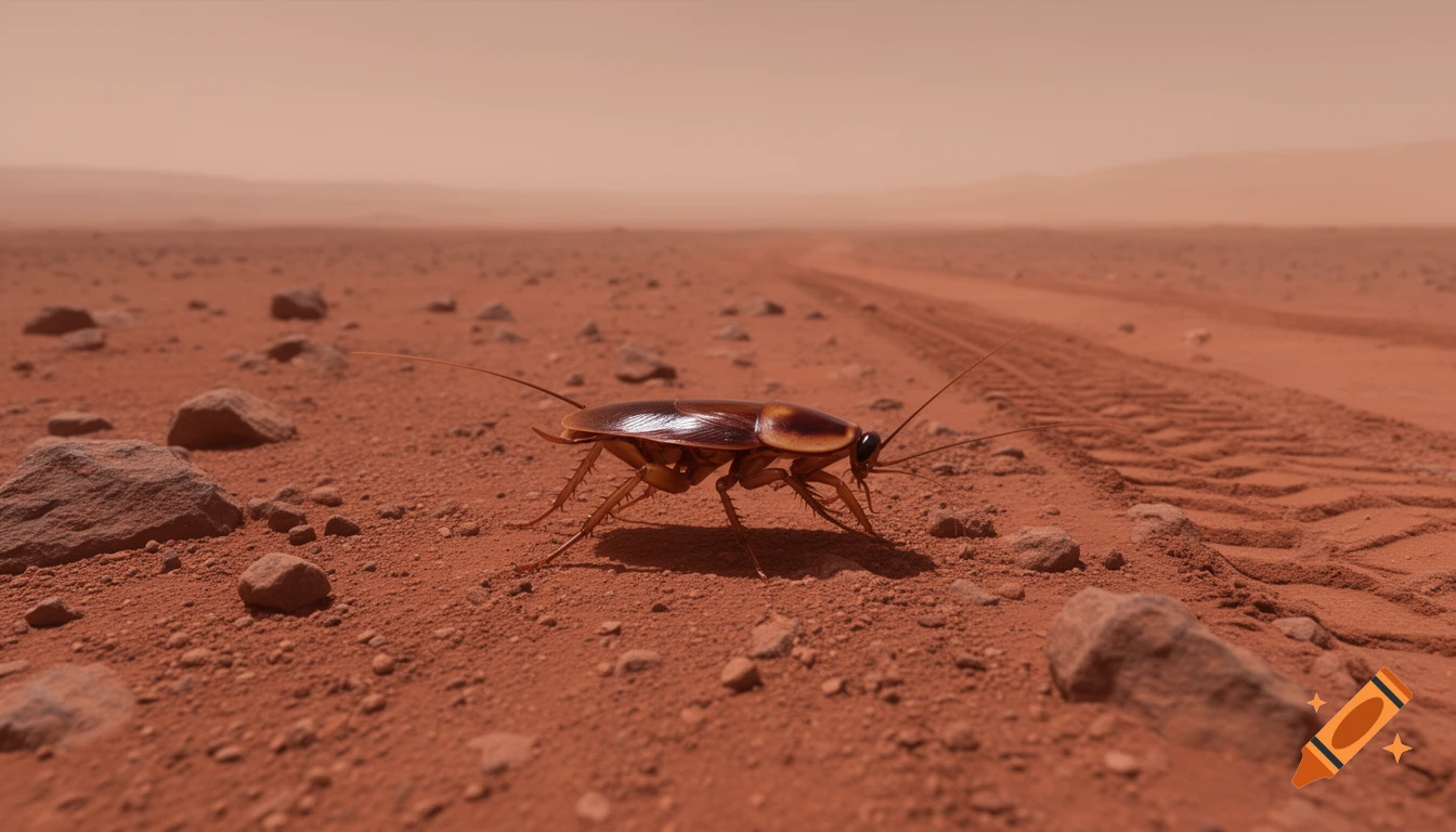 A close-up, photorealistic view of a cockroach on the red, rocky surface of Mars, with tire tracks and distant hills.