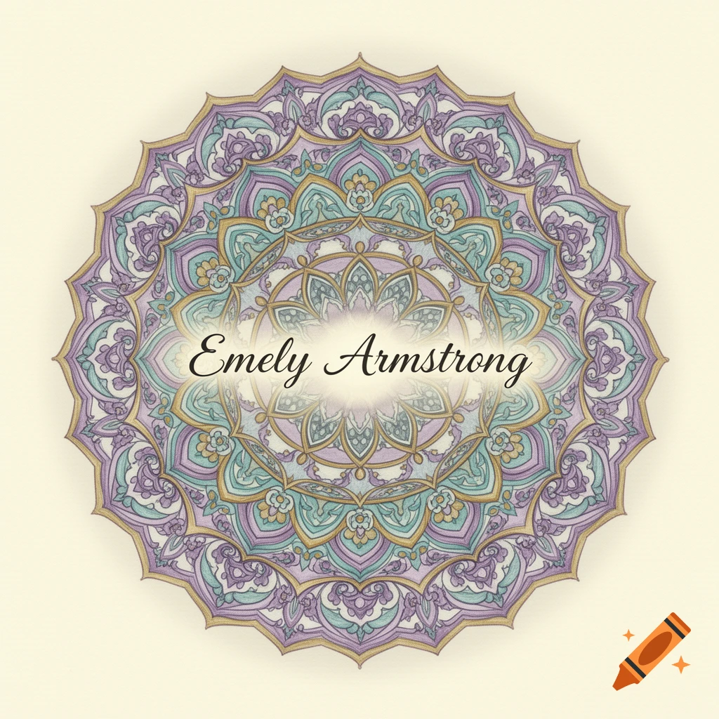A vibrant, intricate mandala in purple, teal, and gold, with 'Emely Armstrong' centered within its design.