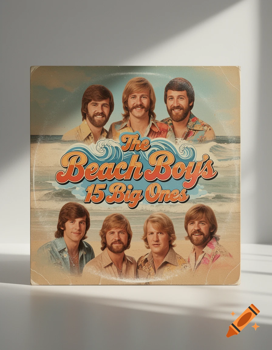 Retro album cover for The Beach Boys' '15 Big Ones' featuring six men against a beach and ocean backdrop.