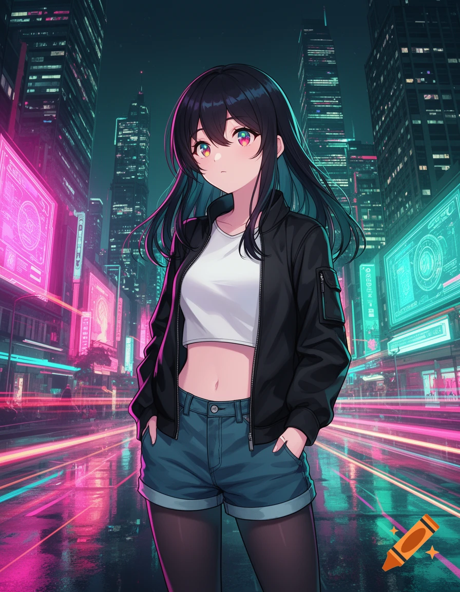 Anime girl in a white crop top, black jacket, denim shorts, and black tights stands in a vibrant neon cyberpunk cityscape.