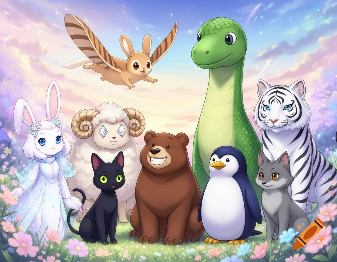 A white rabbit, black cat, sheep, flying squirrel, green dinosaur, white tiger, penguin, bear, and grey wolf pose in a field of flowers under a pastel sky.