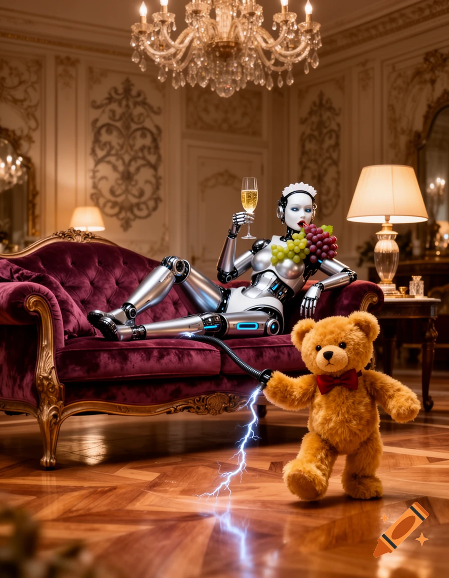 A robot maid in a luxurious room reclines on a velvet sofa, holding grapes and champagne, while a teddy bear holds an electric whip.