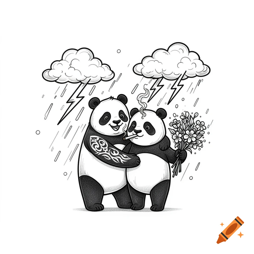 Two cute cartoon pandas, one with a tribal tattoo, hugging another smoking and holding flowers under stormy clouds with rain.
