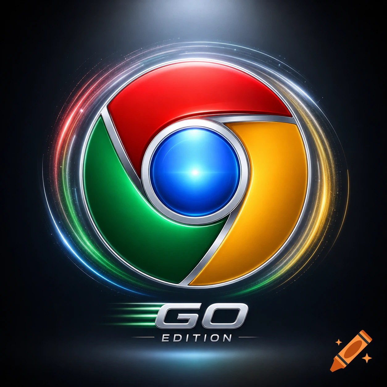 Stylized Google Chrome logo with metallic sheen, glowing red, green, yellow, and blue segments, and "GO EDITION" text on a dark background.