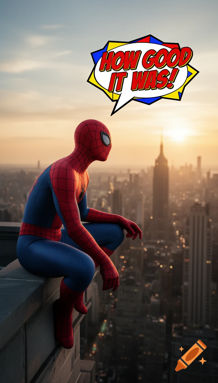 Spider-Man in a red and blue suit crouches on a building ledge overlooking a city at sunset, with a comic speech bubble saying 'HOW GOOD IT WAS!'.