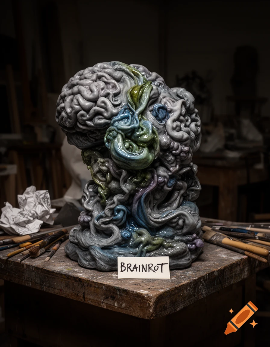 Detailed sculpture resembling a brain with organic, colorful growths, labeled 'BRAINROT', on a wooden table in a dimly lit studio.