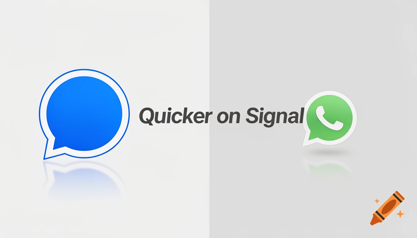 A blue Signal chat bubble logo and text "Quicker on Signal" against a white background, next to a green WhatsApp logo on a light gray background.