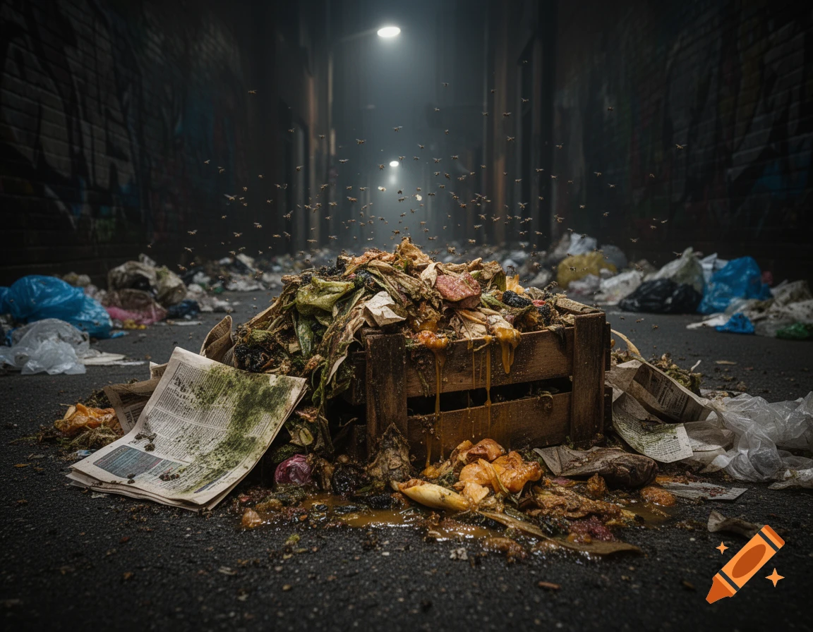 A large pile of rotting garbage and a newspaper in a wooden crate in a dark, misty urban alley, swarming with flies.