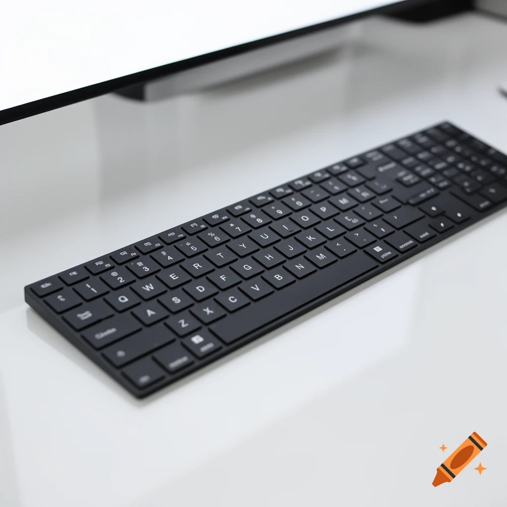 A black wireless keyboard on a white desk, with a bright computer monitor screen in the blurred background. The image is taken from an elevated angle, looking down at the keyboard.