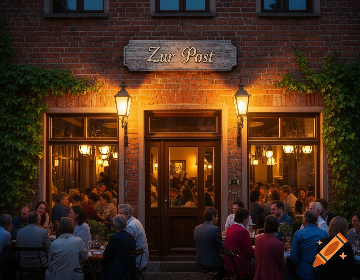A lively restaurant with a "Zur Post" sign on a brick facade, illuminated by warm lights, as people dine outdoors at night.