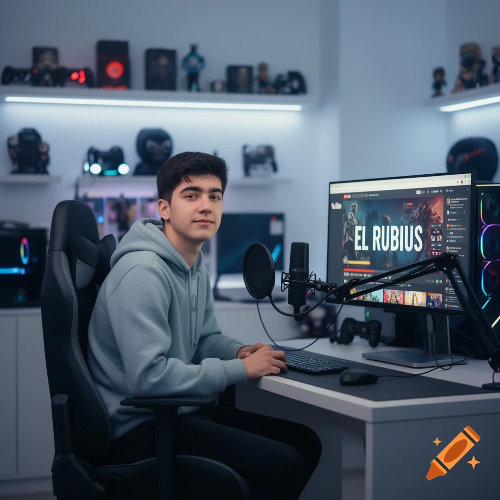A young man sitting in a gaming chair at a desk with a monitor displaying 'EL RUBIUS' and a microphone in a modern room.