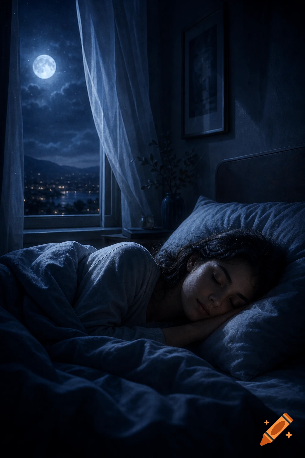A young woman sleeps peacefully in a dark bedroom, illuminated by a full moon visible through the window overlooking a city.