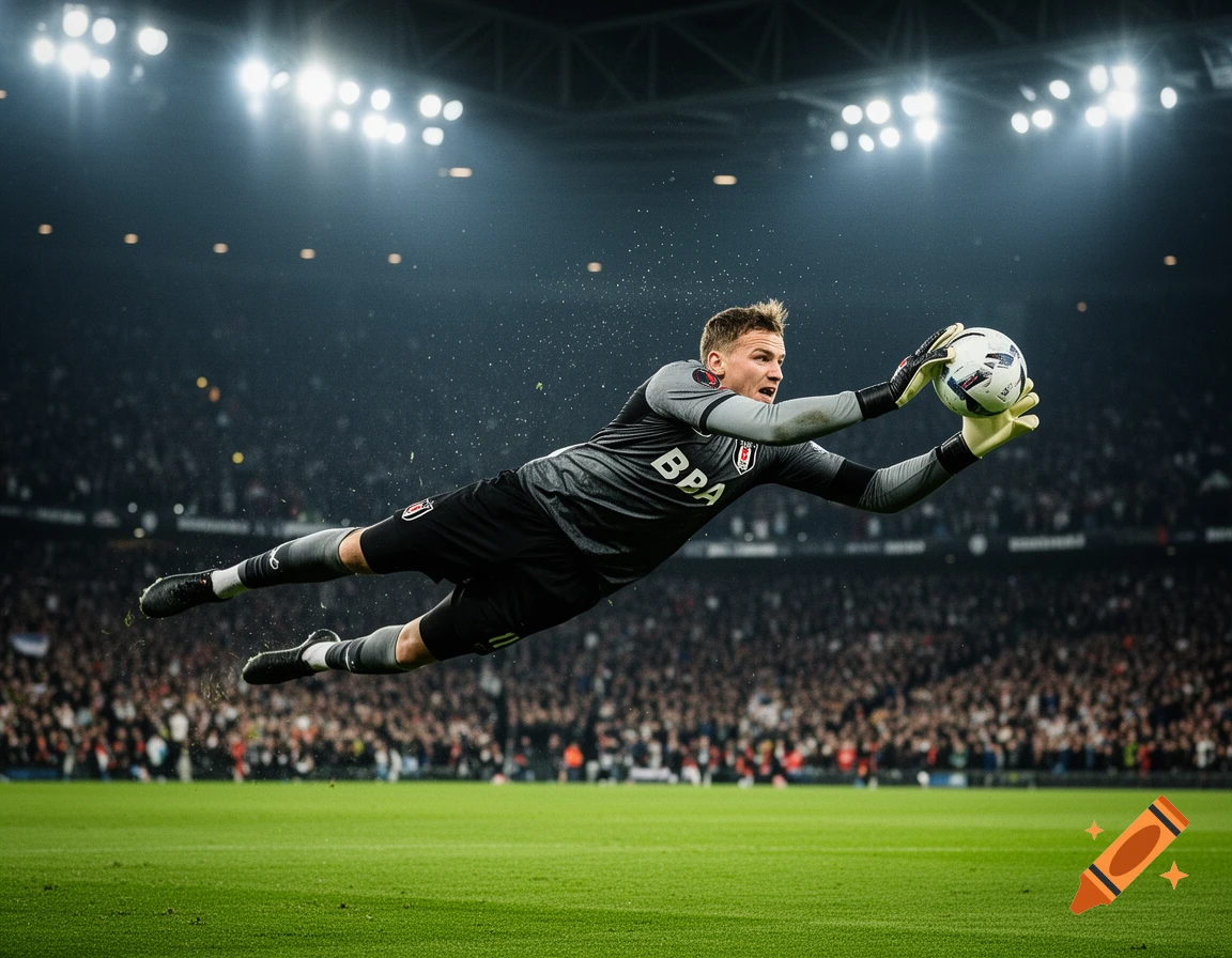 A photorealistic image of a male soccer goalkeeper in a grey uniform diving to catch a white and black ball in a stadium under bright lights.
