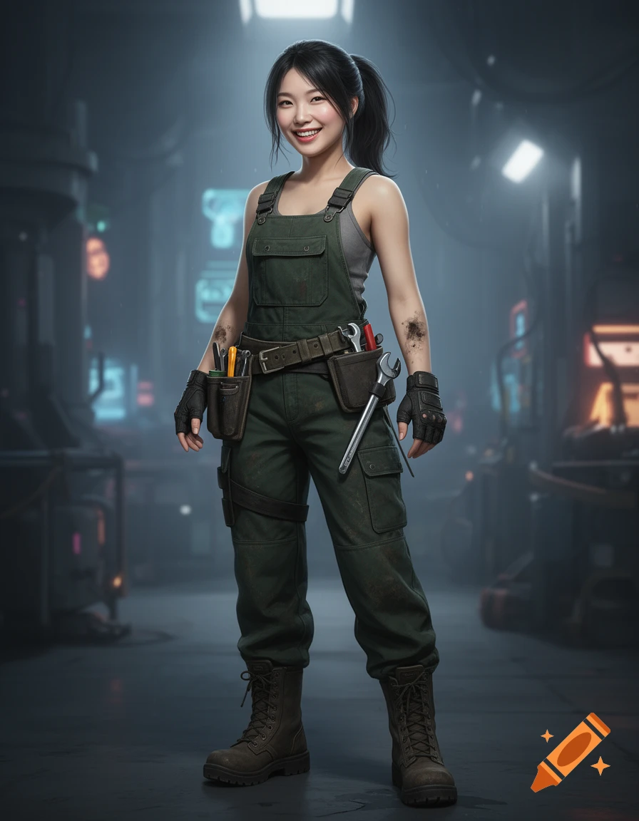 Smiling Korean female engineer in dark green utility overalls, tool belt, and combat boots, standing in a futuristic workshop.