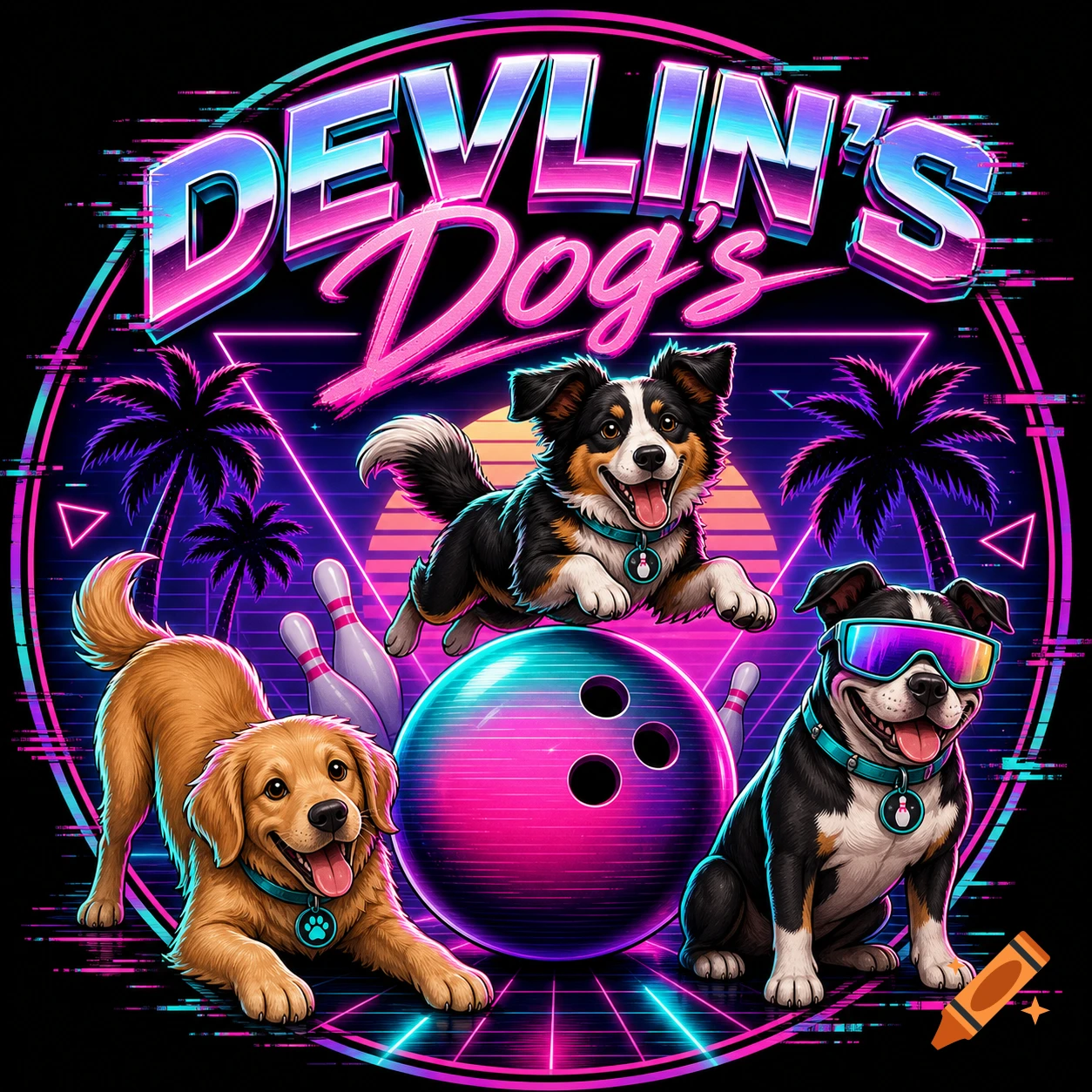 A vaporwave-style logo for 'Devlin's Dog's' featuring three happy dogs, a bowling ball, and pins against a neon geometric sunset.