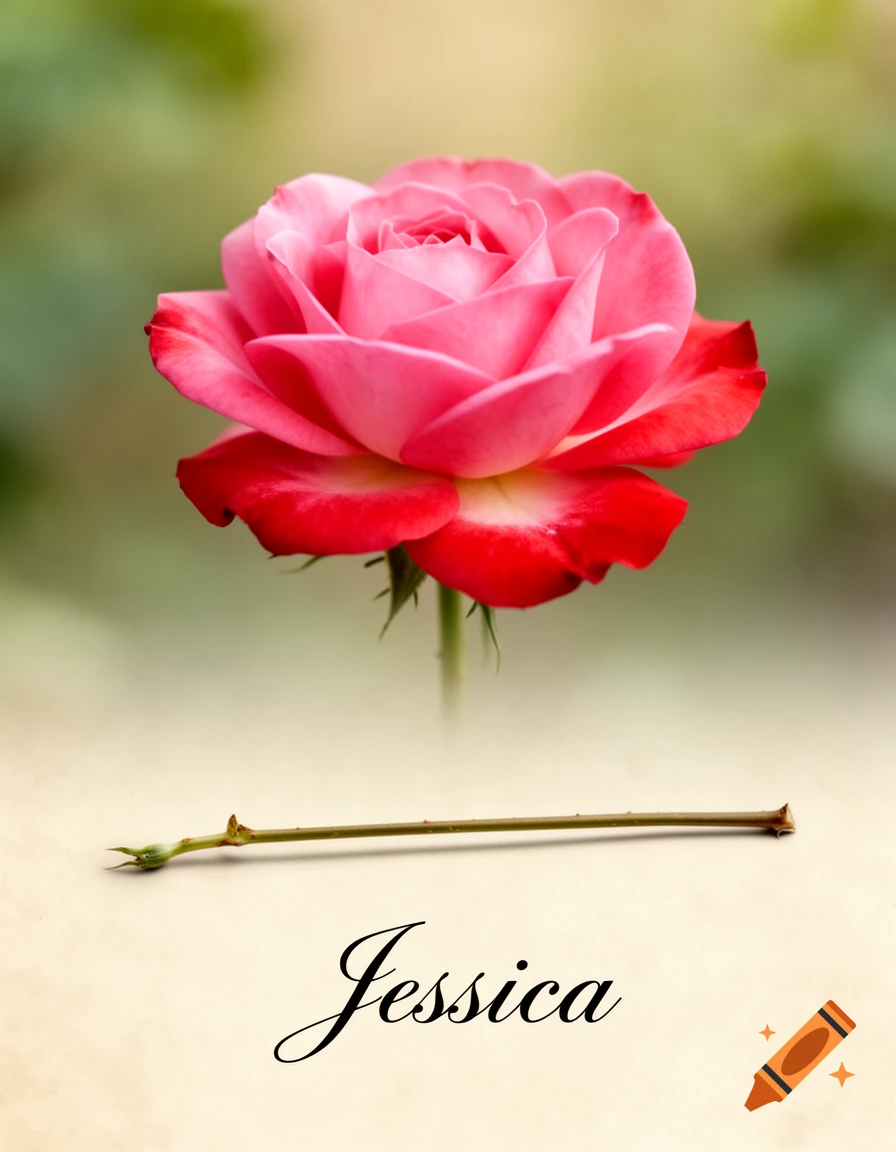 A photorealistic image of a pink and red rose with a detached stem below it, and the name Jessica.