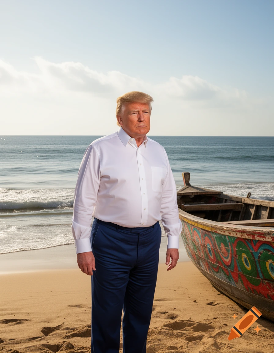 Donald Trump stands on a sandy beach next to a colorful boat, with the ocean and a cloudy sky in the background.