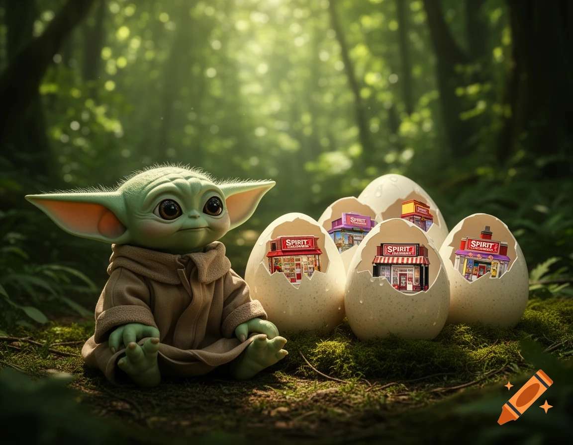 Photorealistic image of Baby Yoda in a mossy forest, looking at eggs hatching miniature Spirit Halloween stores.