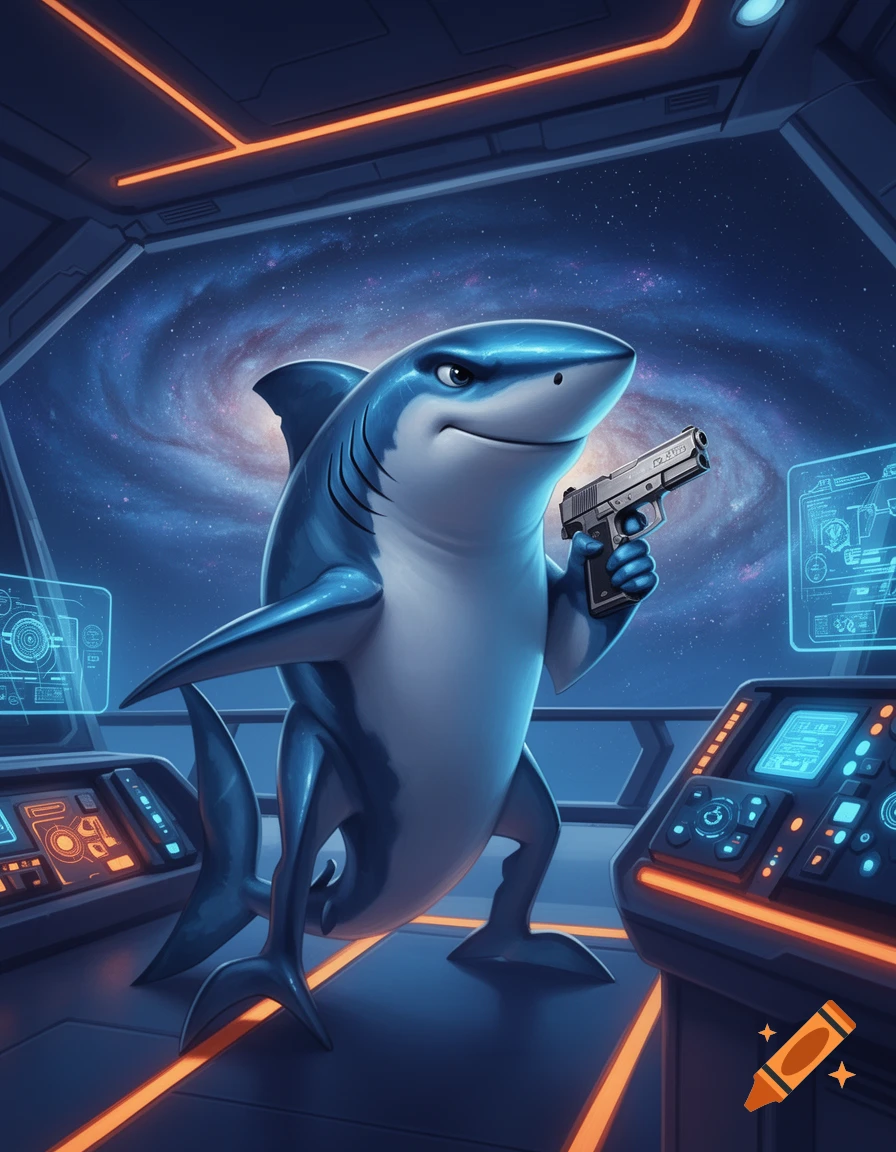 A cartoon shark in a spaceship cockpit, holding a pistol and looking stern. Stars and a galaxy are visible through the window.
