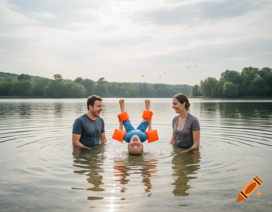 A family plays in a lake, with a child upside down in the water wearing orange armbands on their ankles, while parents smile.