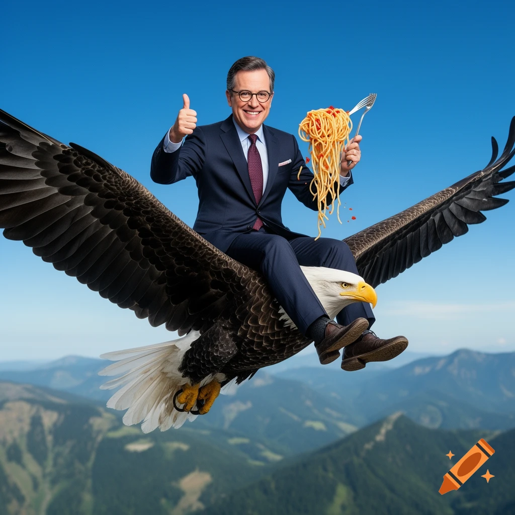 Stephen Colbert in a suit rides a bald eagle through the sky, holding spaghetti and giving a thumbs up, photorealistic.