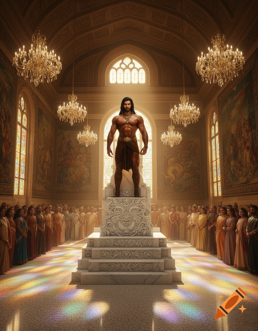 A muscular king with dark hair stands on a white pedestal in a grand, chandelier-lit hall with a large crowd and colorful stained-glass light on the floor.