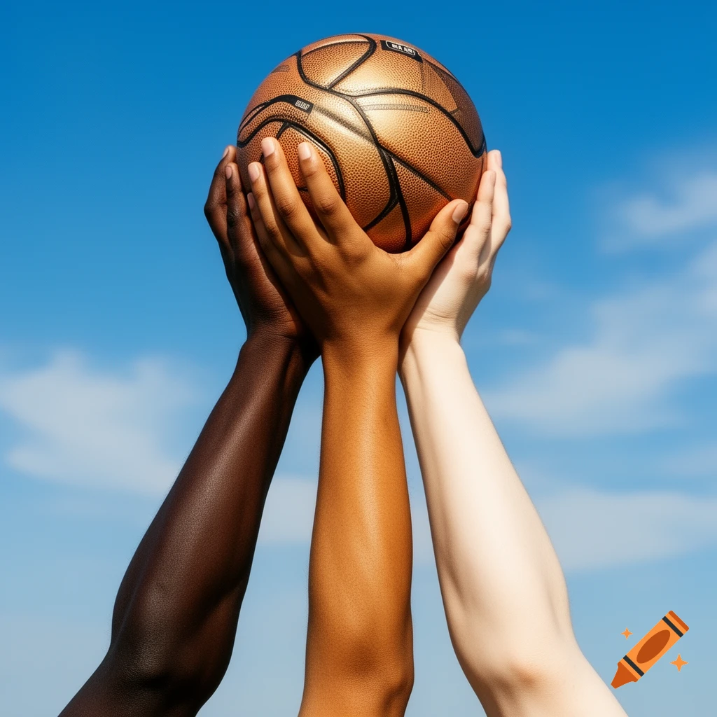 Three arms with varying skin tones hold a basketball upwards against a bright blue sky in a photorealistic style.
