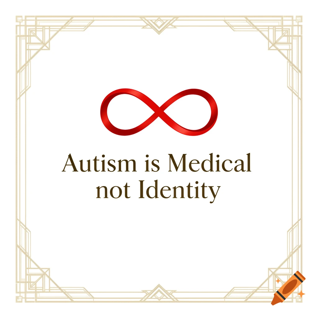 A red infinity symbol above the text 'Autism is Medical not Identity' within a beige art deco border on white.