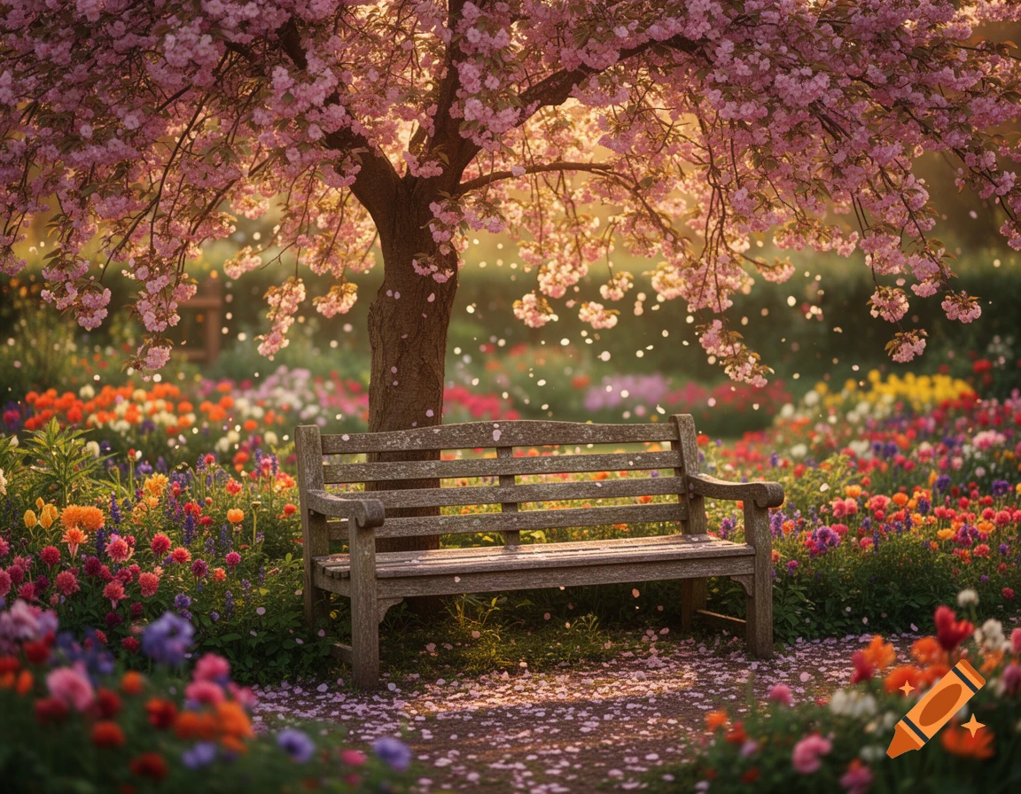A serene garden scene with a wooden bench under a pink cherry blossom tree, surrounded by a vibrant field of colorful flowers and falling petals.
