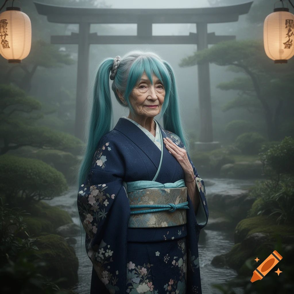 Elderly woman with turquoise pigtails wearing a blue kimono in a foggy Japanese garden with lanterns and a torii gate.