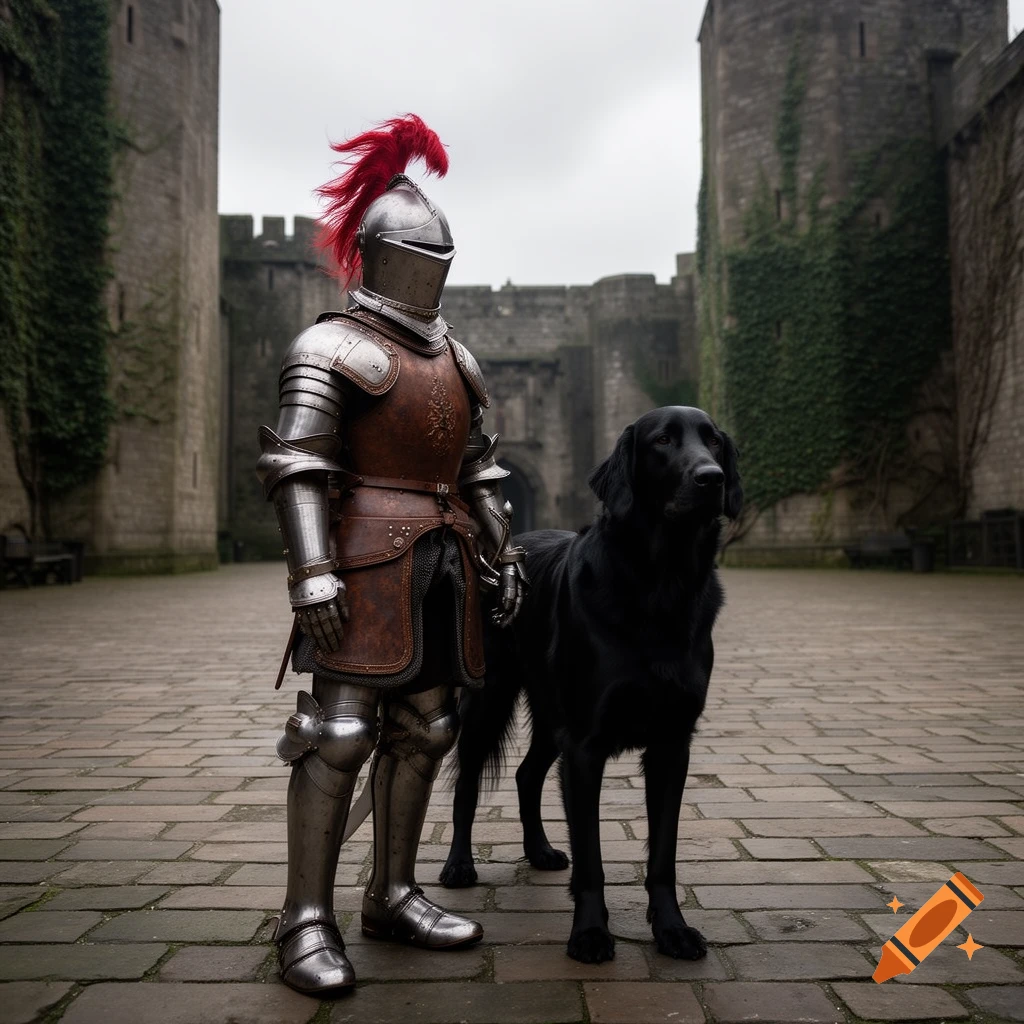 A knight in detailed armor with a red plume stands beside a large black dog in a stone castle courtyard.