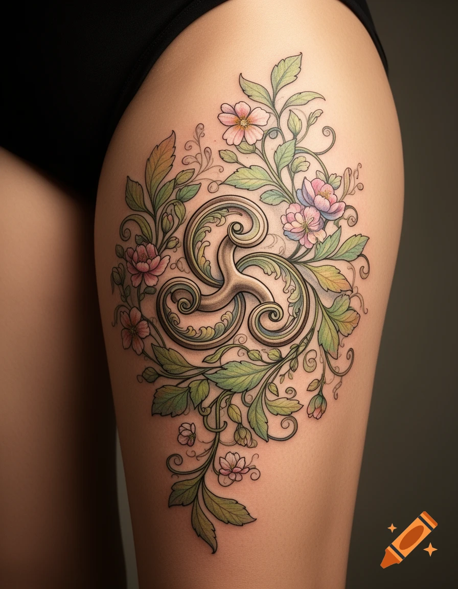 A colorful tattoo featuring a triskelion surrounded by delicate flowers and foliage on a person's thigh, with black underwear visible.