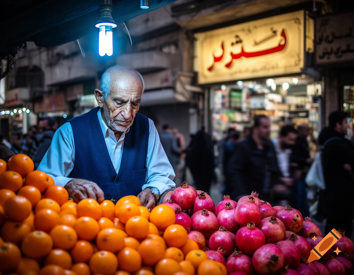 An elderly man in a blue vest sells oranges and pomegranates at a vibrant market stall under a bright blue light.