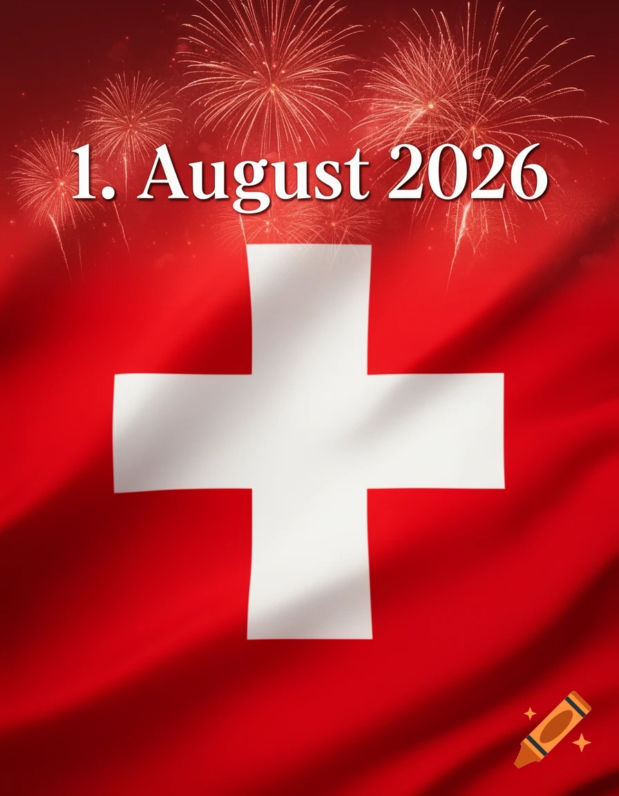 Swiss flag with fireworks and "1. August 2026" text, celebrating Swiss National Day.