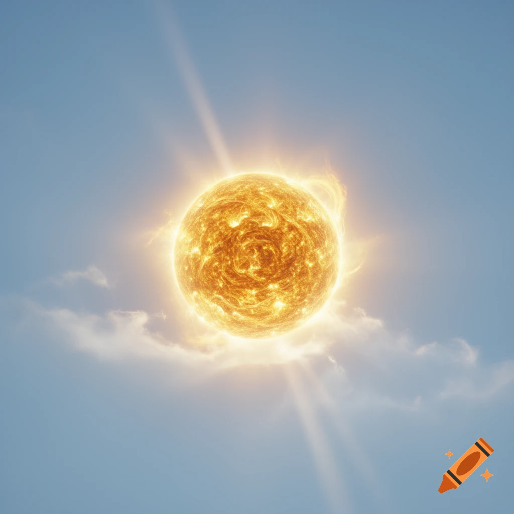 A bright, fiery sun with prominent flares and light rays, centered in a light blue sky with wispy clouds.