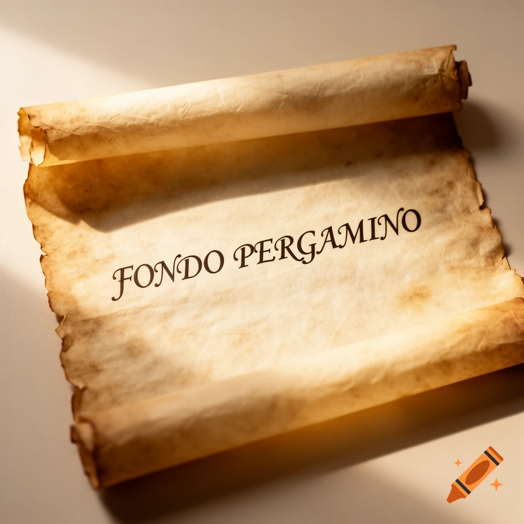 A piece of aged, rolled parchment with the words 'FONDO PERGAMINO' written in black script, casting a shadow on a light surface.