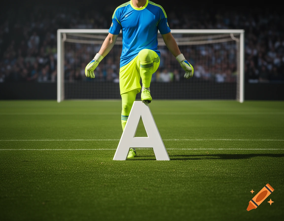 Photorealistic soccer goalie in blue and neon green uniform on a field, stepping on a large white letter A, with a goal behind.