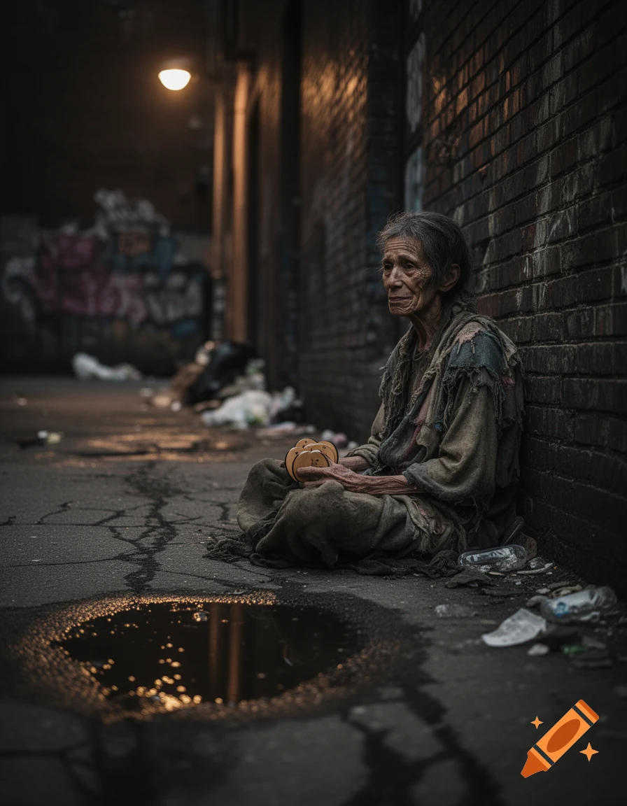 Photorealistic image of an elderly, ragged person sitting in a dark, dirty alleyway next to a brick wall, holding castanets.