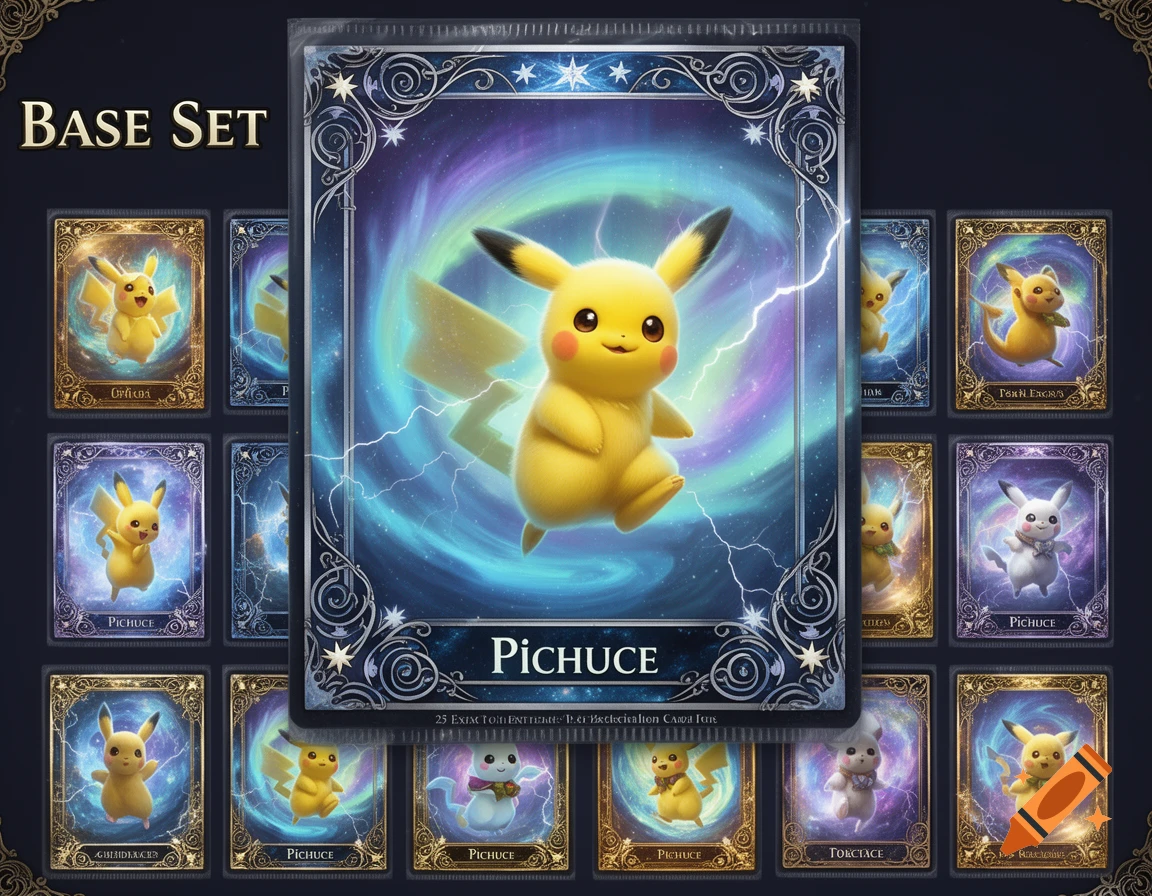 A set of fantasy-style trading cards featuring a yellow, mouse-like creature resembling Pikachu, with one large central card and multiple smaller cards surrounding it. The cards have ornate frames and galactic backgrounds with lightning.