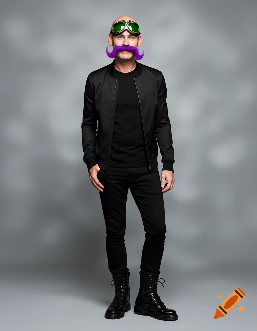 A full-body shot of a bald man resembling Jim Carrey, wearing green goggles, a large purple mustache, black jacket, black pants, and black boots, against a grey background.