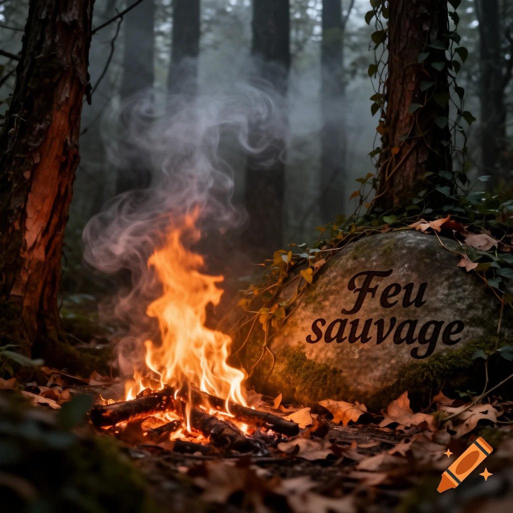 A close-up shot of a small campfire burning in a misty forest, with the words "Feu sauvage" on a moss-covered rock.