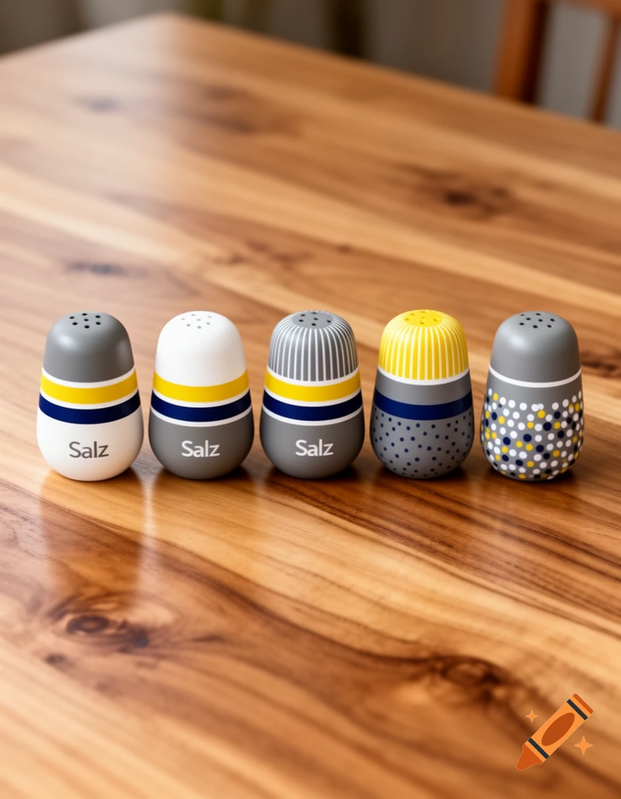 Five colorful salt shakers with 'Salz' text on a wooden table, featuring various stripes and patterns.
