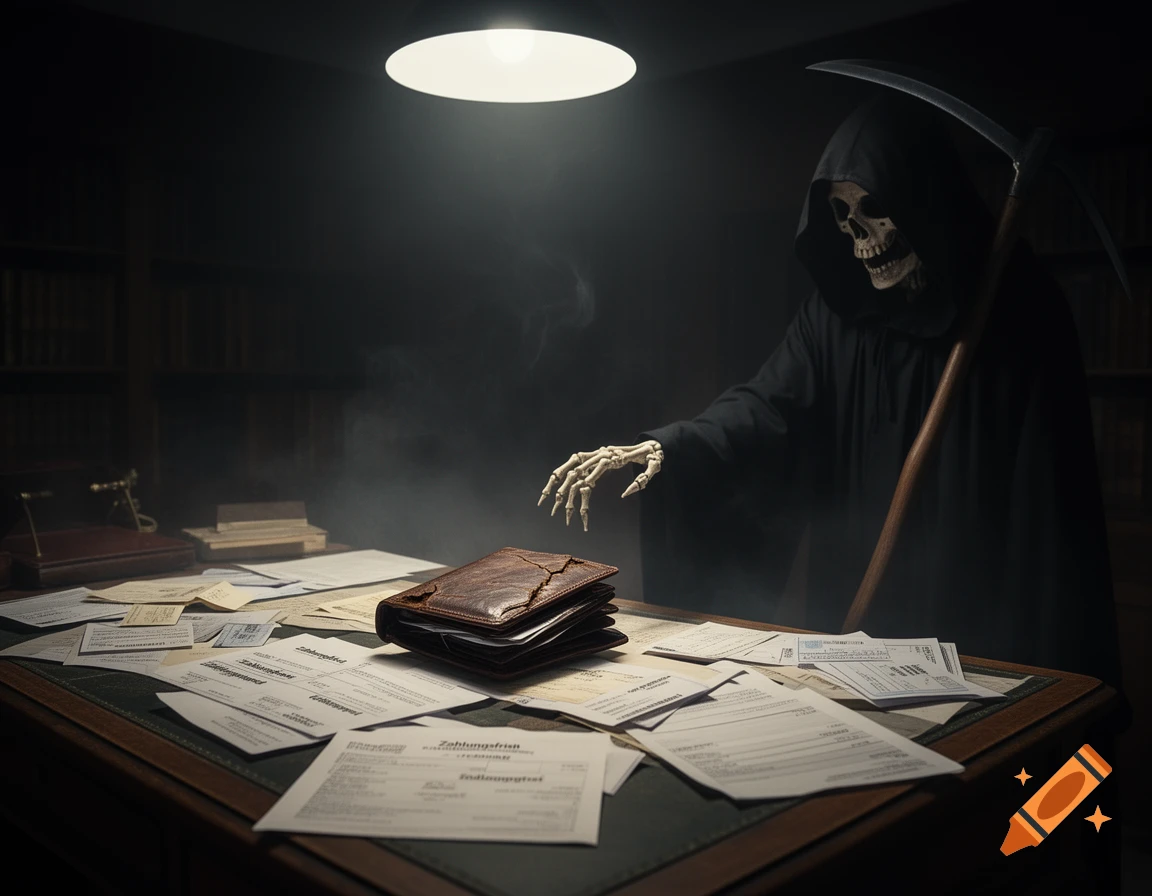 The Grim Reaper with a scythe reaches for a cracked wallet on a desk covered with papers, illuminated by a single lamp.