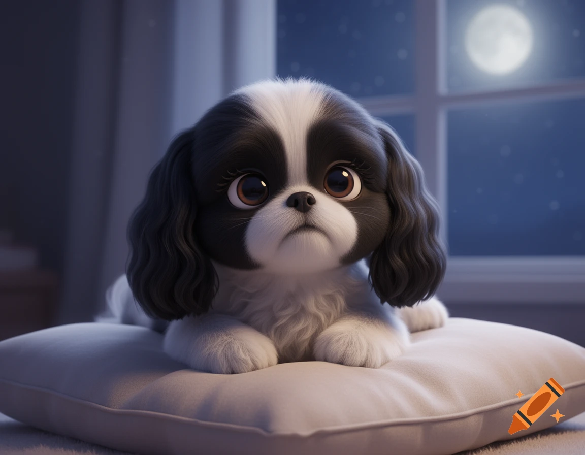 A cute black and white Shih Tzu puppy with big eyes lies on a pillow. A full moon shines through a window in this 3D cartoon render.